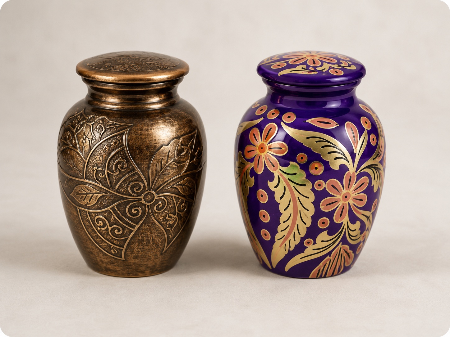 Handcrafted decorative cremation urn samples